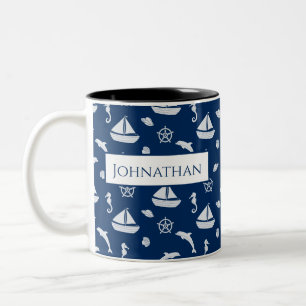 Sailboat & Marine Life Pattern Two-Tone Coffee Mug