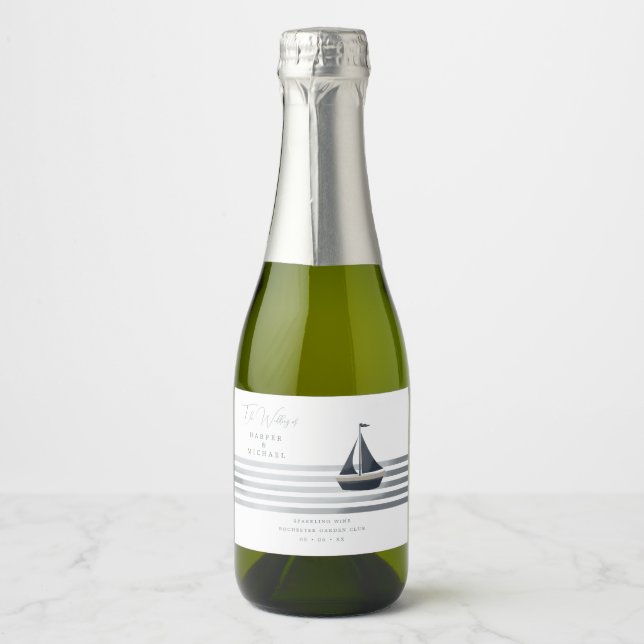 Sailboat maritime personalised wedding sparkling wine label (Front)