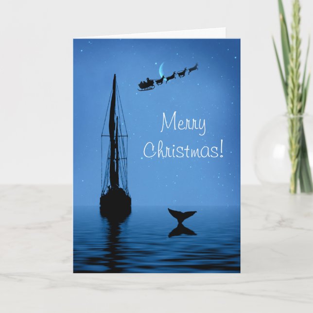 Sailboat Merry Christmas with Whale Tail and Santa Card (Front)