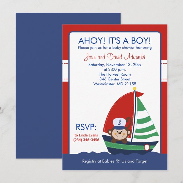 Sailboat Monkey Invitation 4.5 x 6.25 (Front/Back)