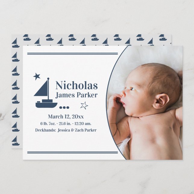 Sailboat Nautical Birth with Photo Announcemen Invitation (Front/Back)