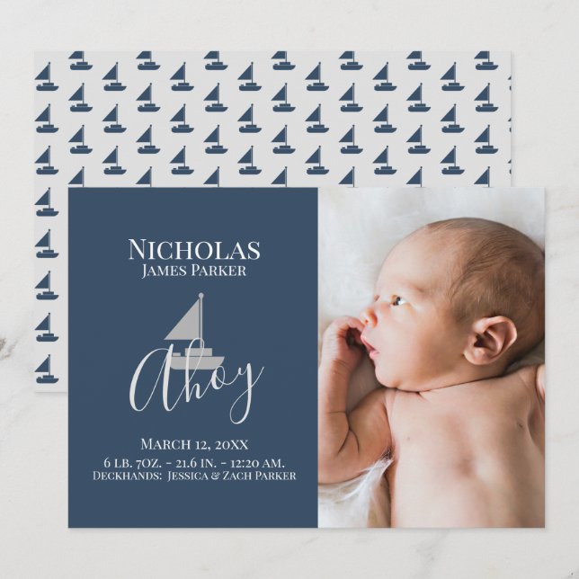 Sailboat Nautical Birth with Photo Announcement (Front/Back)
