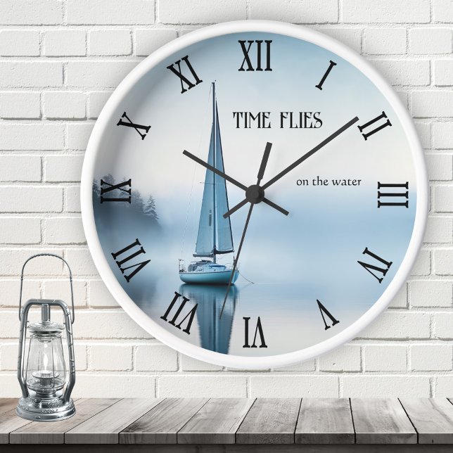 Sailboat Nautical Peace Round Clock (Peaceful nautical wall clock featuring a painting of a sailboat on calm water - sailor - beach house)