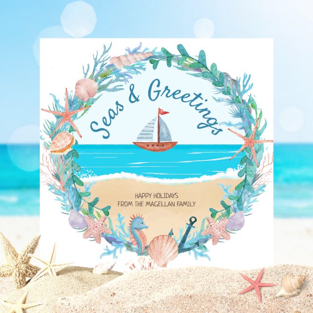 Sailboat Nautical Wreath Coastal Christmas Holiday Card (Creator Uploaded)