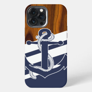 Sailboat Navy Blue White Stripe Wood Grain Pattern iPhone Case