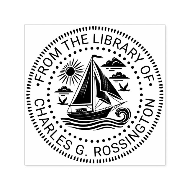 Sailboat Ocean Scene Library Book Name Self-inking Stamp (Design)