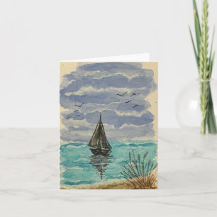 Sailboat on blue turquoise water - folded blank card