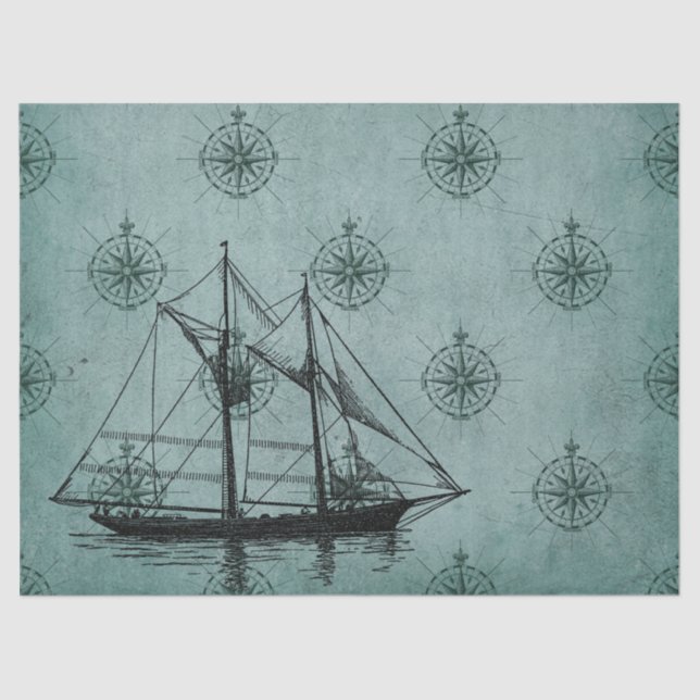 Sailboat on Green Decoupage Tissue Paper (Front)