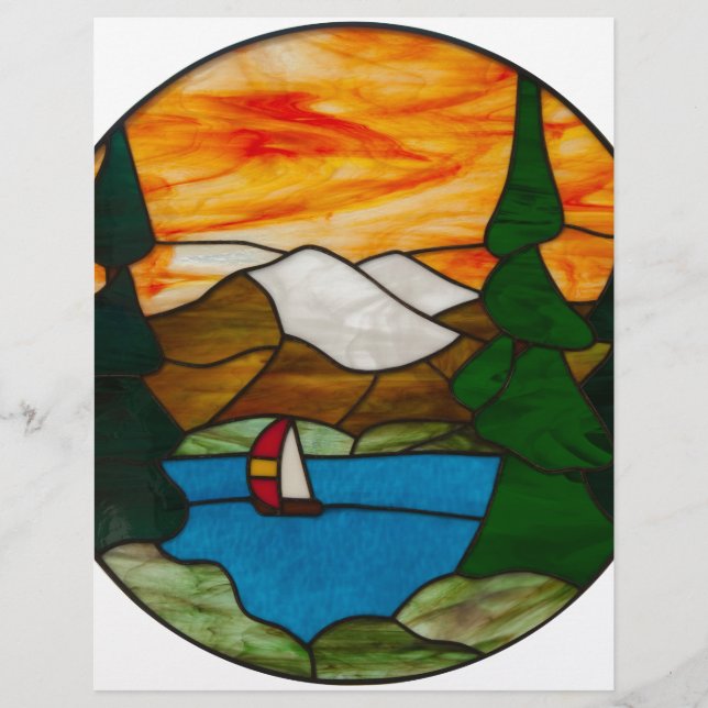 Sailboat on Mountain Lake Stained Glass Design Art (Front)