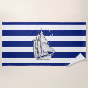 Sailboat on Nautical Navy Stripes Decor Beach Towel