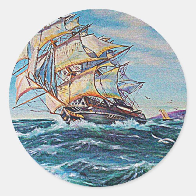Sailboat on Rough Waters Oil Painting Classic Round Sticker (Front)