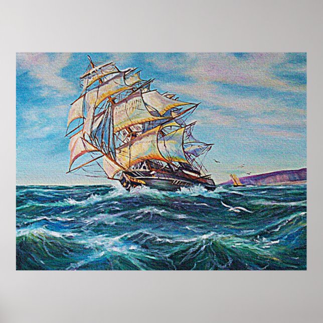 Sailboat on Rough Waters Oil Painting Image Poster (Front)