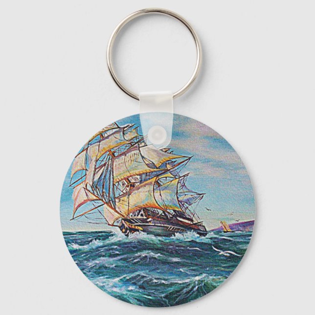 Sailboat on Rough Waters Oil Painting Key Ring (Front)