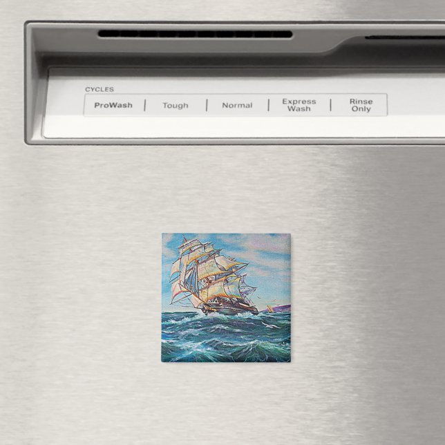 Sailboat on Rough Waters Oil Painting Magnet (In Situ (Dishwasher))