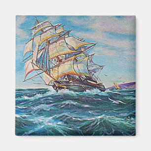 Sailboat on Rough Waters Oil Painting Magnet