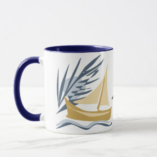 Sailboat on the background of the moon and palm tr mug