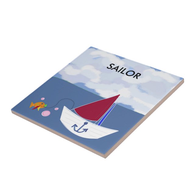 Sailboat Out on the Ocean Ceramic Tile (Side)