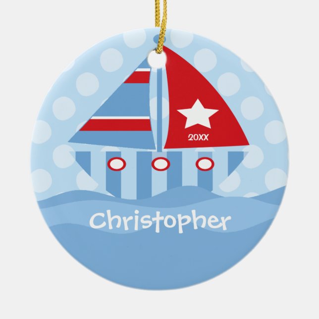 Sailboat Personalised Boy Christmas Ornament (Front)