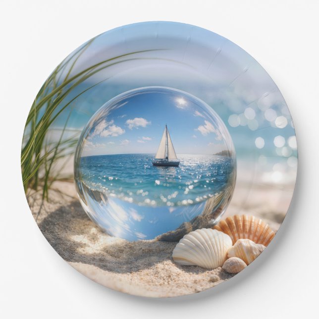 Sailboat Reflection In Glass Sphere Paper Plate (Front)