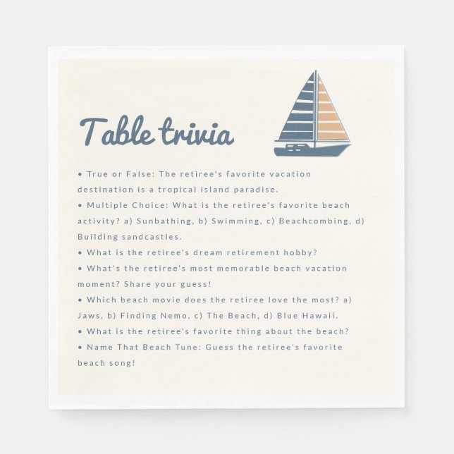 sailboat retirement party table trivia napkin (Front)