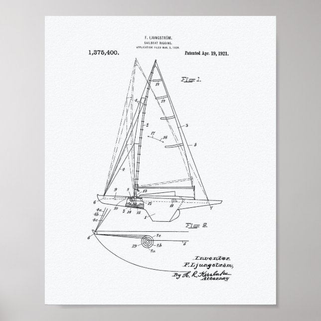 Sailboat Rigging 1921 Patent Art - White Paper Poster (Front)