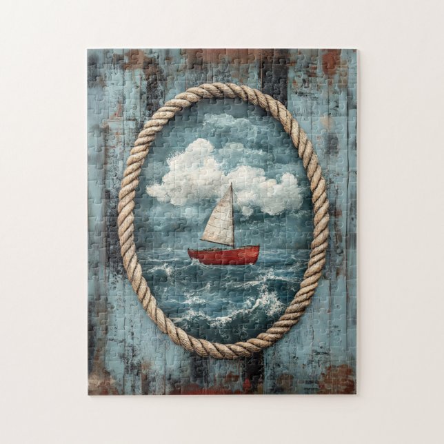 Sailboat Rope Border Rustic Nautical Jigsaw Puzzle (Vertical)
