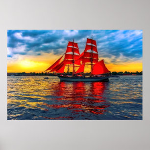 Sailboat sail on summer sunset, romantic photo poster