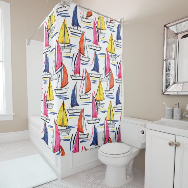 Sailboat Sailing Nautical Summer Pattern Shower Curtain (In Situ)