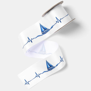 Sailboat Sailing on a Blue Heartbeat Graphic Satin Ribbon