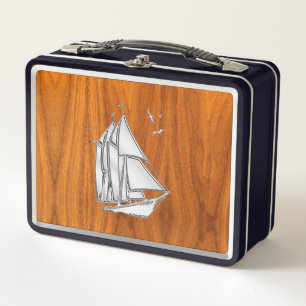 Sailboat Sailing on Teak Veneer Metal Lunch Box