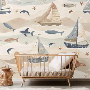 Sailboat Seamless Pattern   Neutral Tones Kids Wallpaper