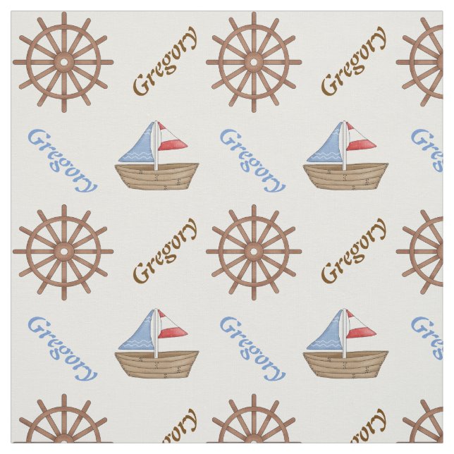 Sailboat & steering wheel nautical personalised fabric (Swatch)