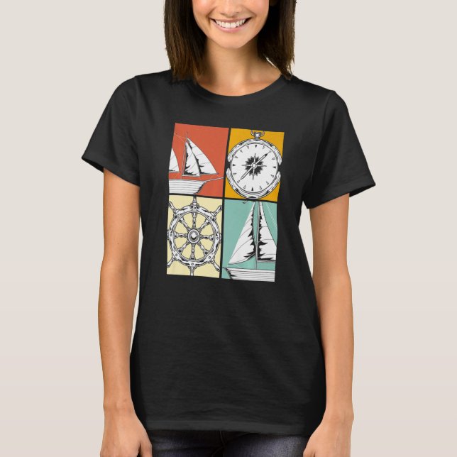Sailboat Steering Wheel Sailor Compass Pop Sailing T-Shirt (Front)