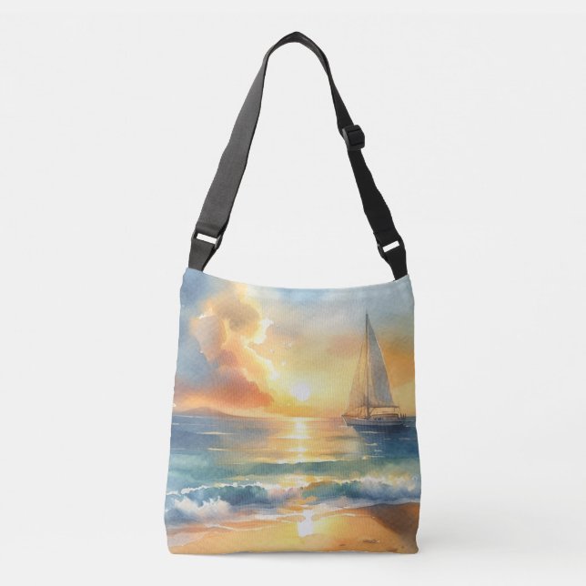 Sailboat Sunset Ocean Watercolors Crossbody Bag (Front)