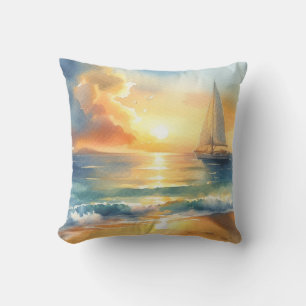 Sailboat Sunset Ocean Watercolors Cushion