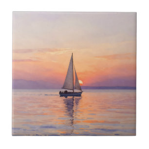 Sailboat Sunset Watercolor Seascape Ceramic Tile
