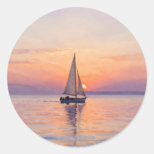 Sailboat Sunset Watercolor Seascape Classic Round Sticker