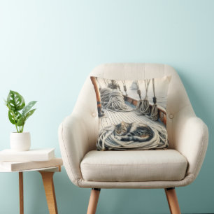 Sailboat Tabby Cat Sleeping On Ropes Cushion