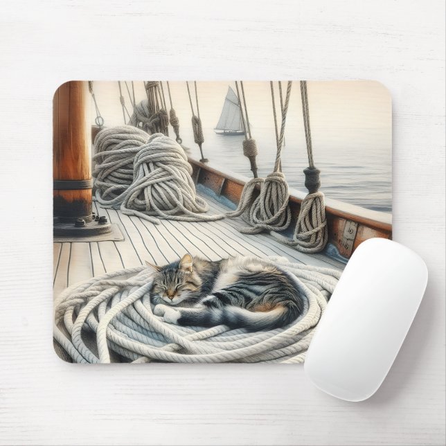 Sailboat Tabby Cat Sleeping On Ropes Mouse Pad (With Mouse)