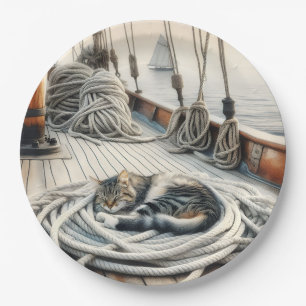 Sailboat Tabby Cat Sleeping On Ropes Paper Plate