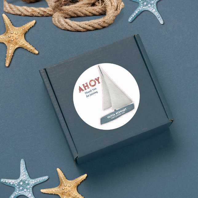 Sailboat Thank you Nautical Baby shower Classic Round Sticker (Creator Uploaded)