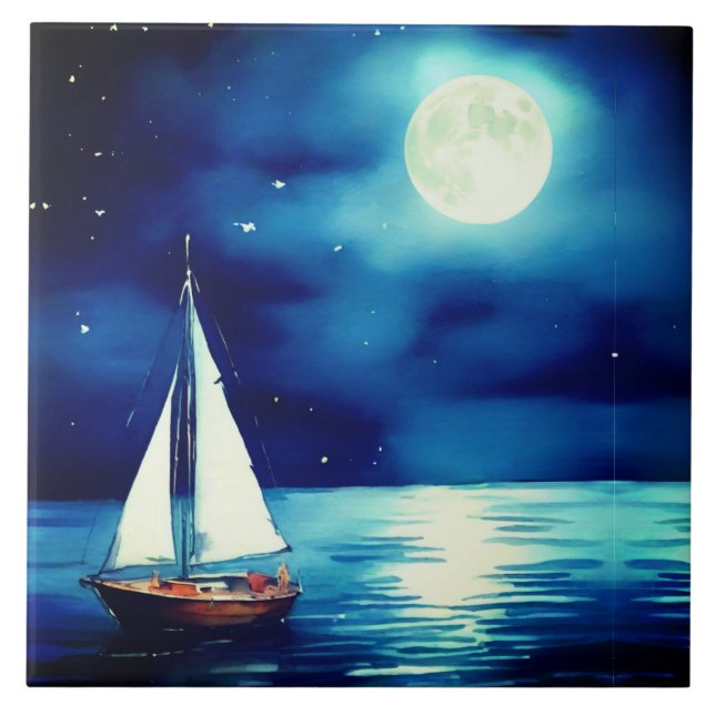 Sailboat Under a Full Moon  Ceramic Tile (Front)