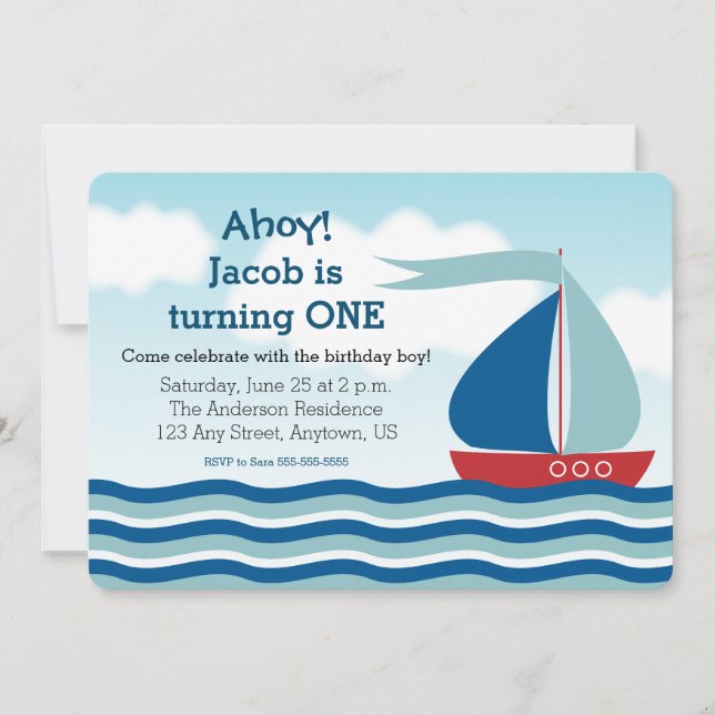 Sailboat & Water, Nautical Boy Birthday Invitation (Front)