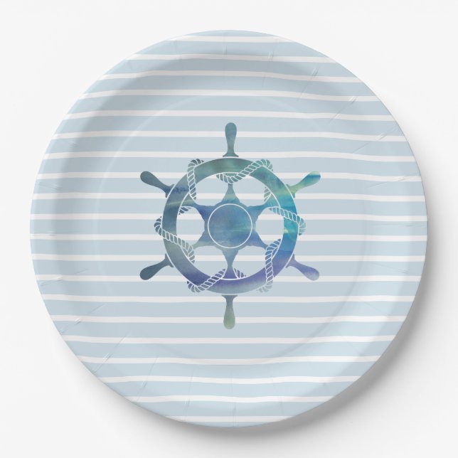 Sailboat Wheel Nautical Ocean Blue Stripe Paper Plate (Front)