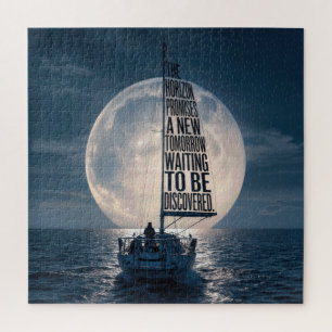 Sailboat with Inspirational Quote in Moonlight Jigsaw Puzzle