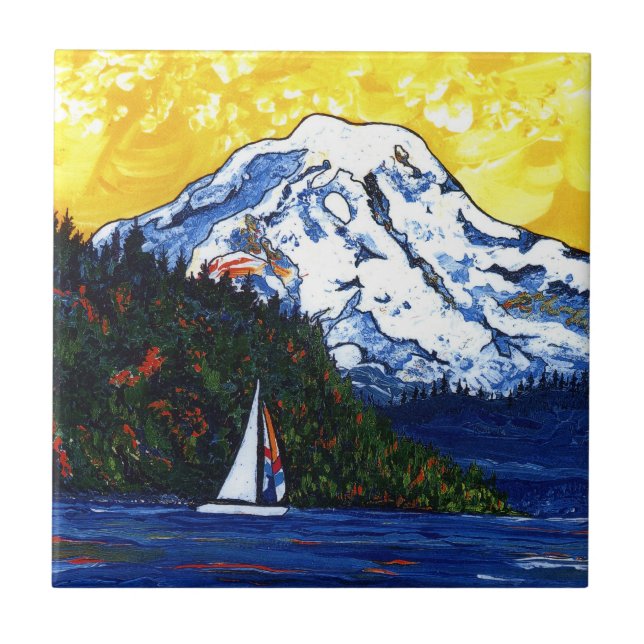 Sailboat with Mt Rainier Ceramic Tile (Front)