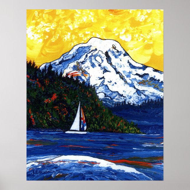 Sailboat with Mt Rainier Poster (Front)