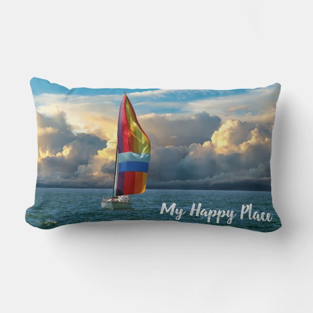 sailboat with rainbow spinnaker on water lumbar cushion (Front)