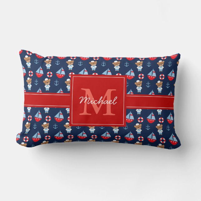 Sailboats and Bears Pattern Monogrammed Lumbar Cushion (Front)