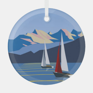 Sailboats And Mountains photo Glass Tree Decoration
